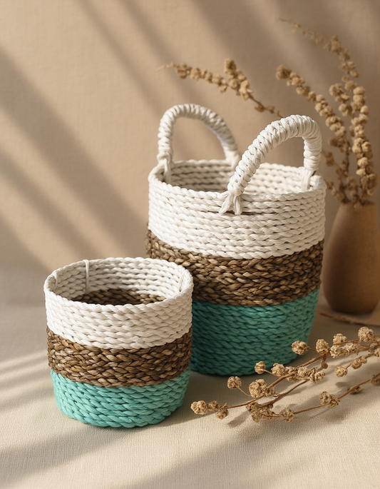 Seagrass Basket Set - Green / Natural / White