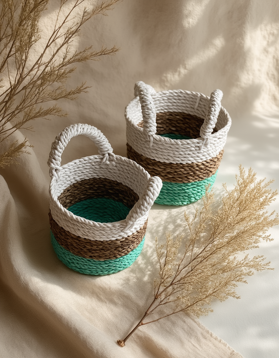 Seagrass Basket Set - Green / Natural / White