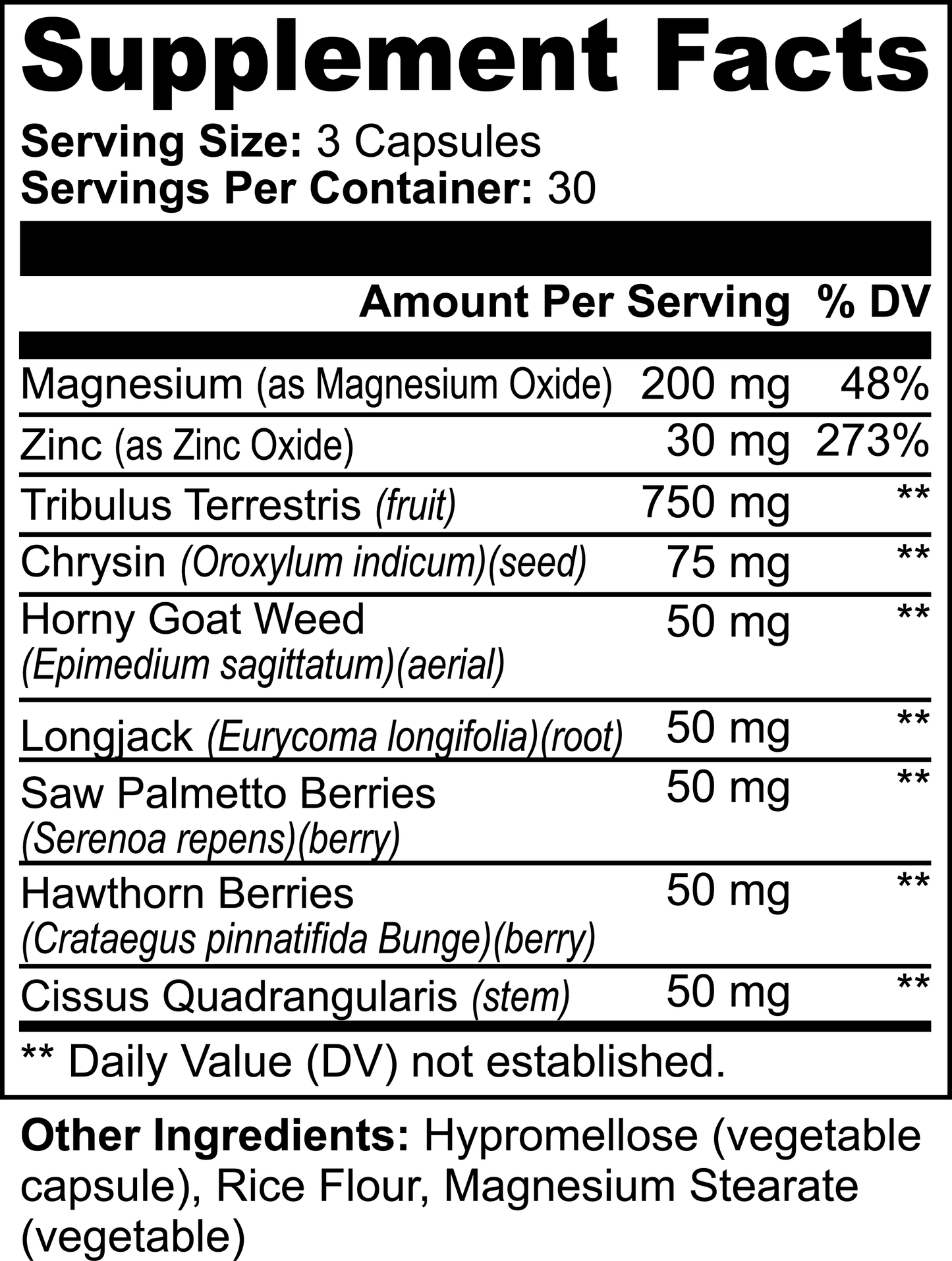 Supplement facts label with ingredients like Tribulus and Zinc