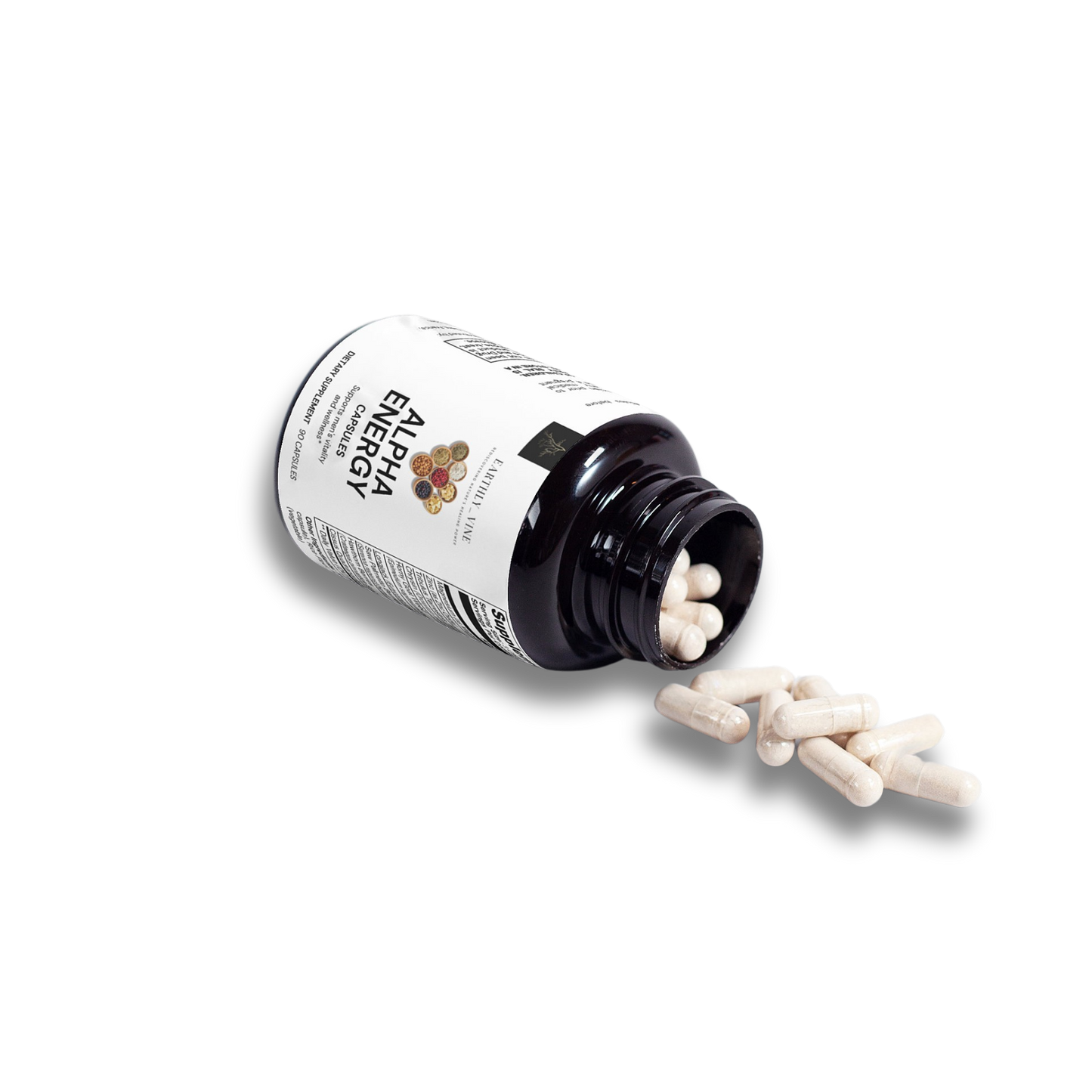Open Alpha Energy bottle with herbal blend capsules spilling out