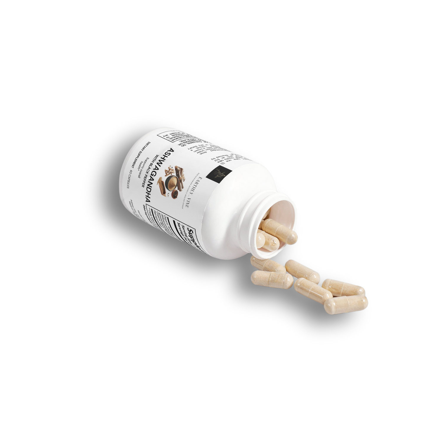 Open Ashwagandha bottle with powdered root capsules spilling gently.