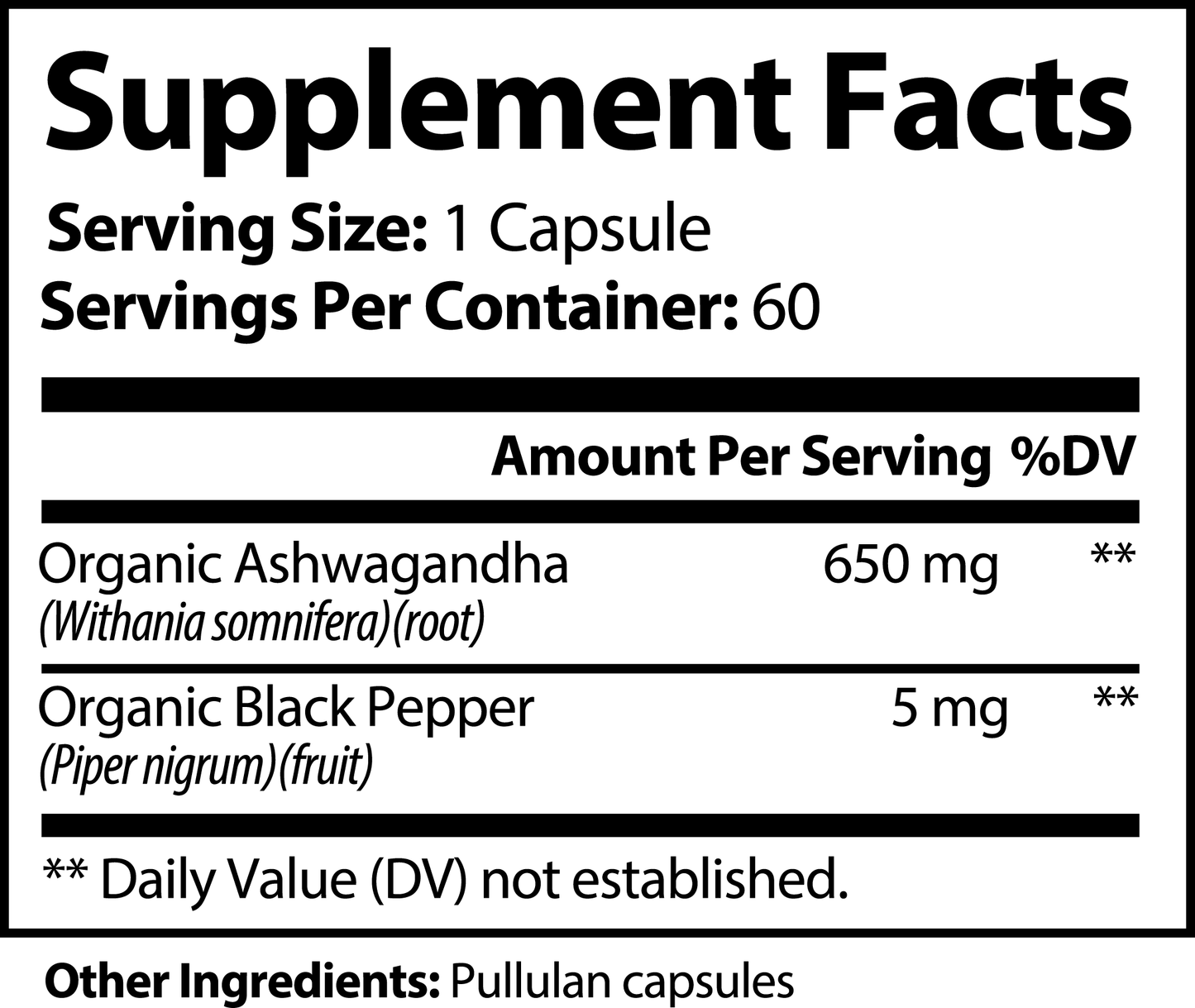 Label showing full supplement ingredients and ashwagandha root extract