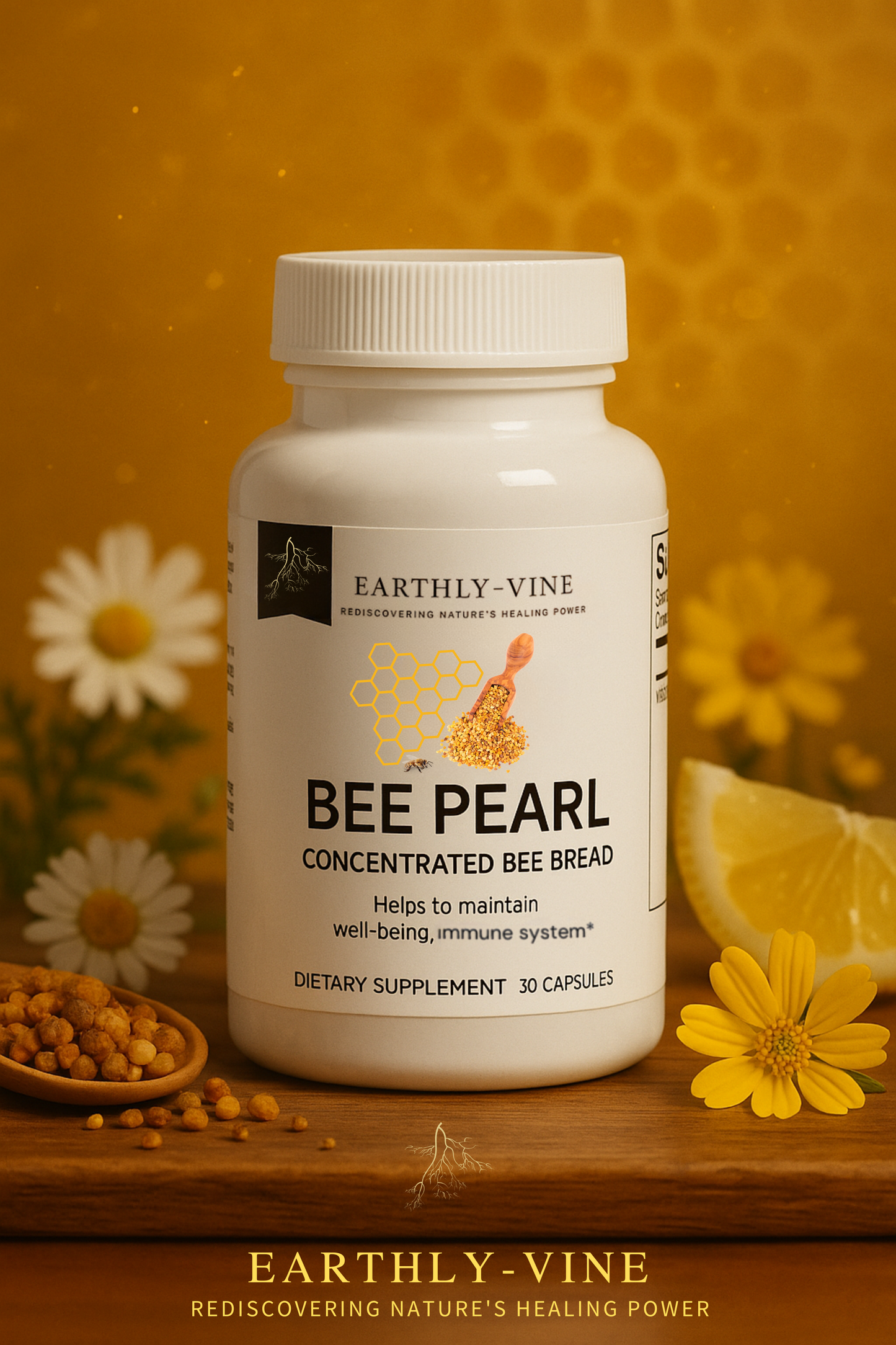 Bee Pearl Bottle with soft natural light and wildflowers