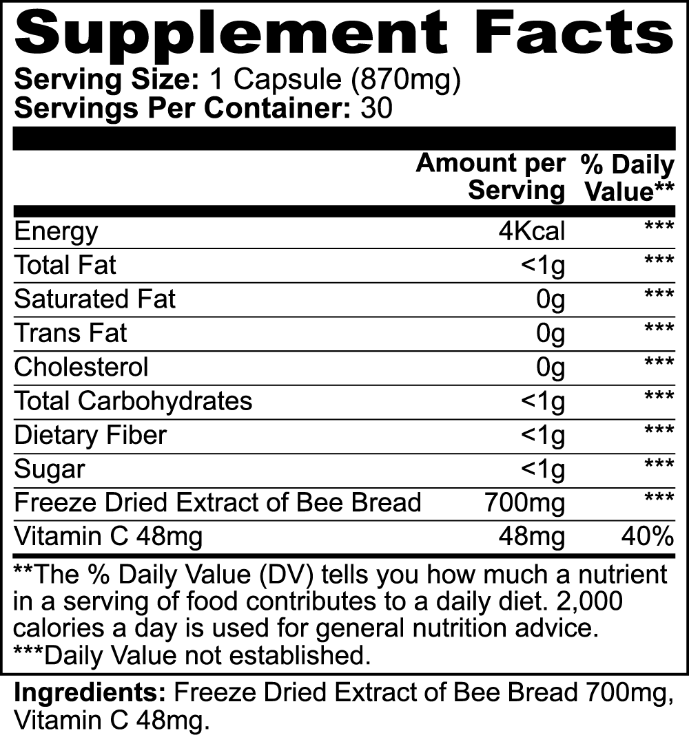 Supplement facts for Bee Pearl showing ingredients