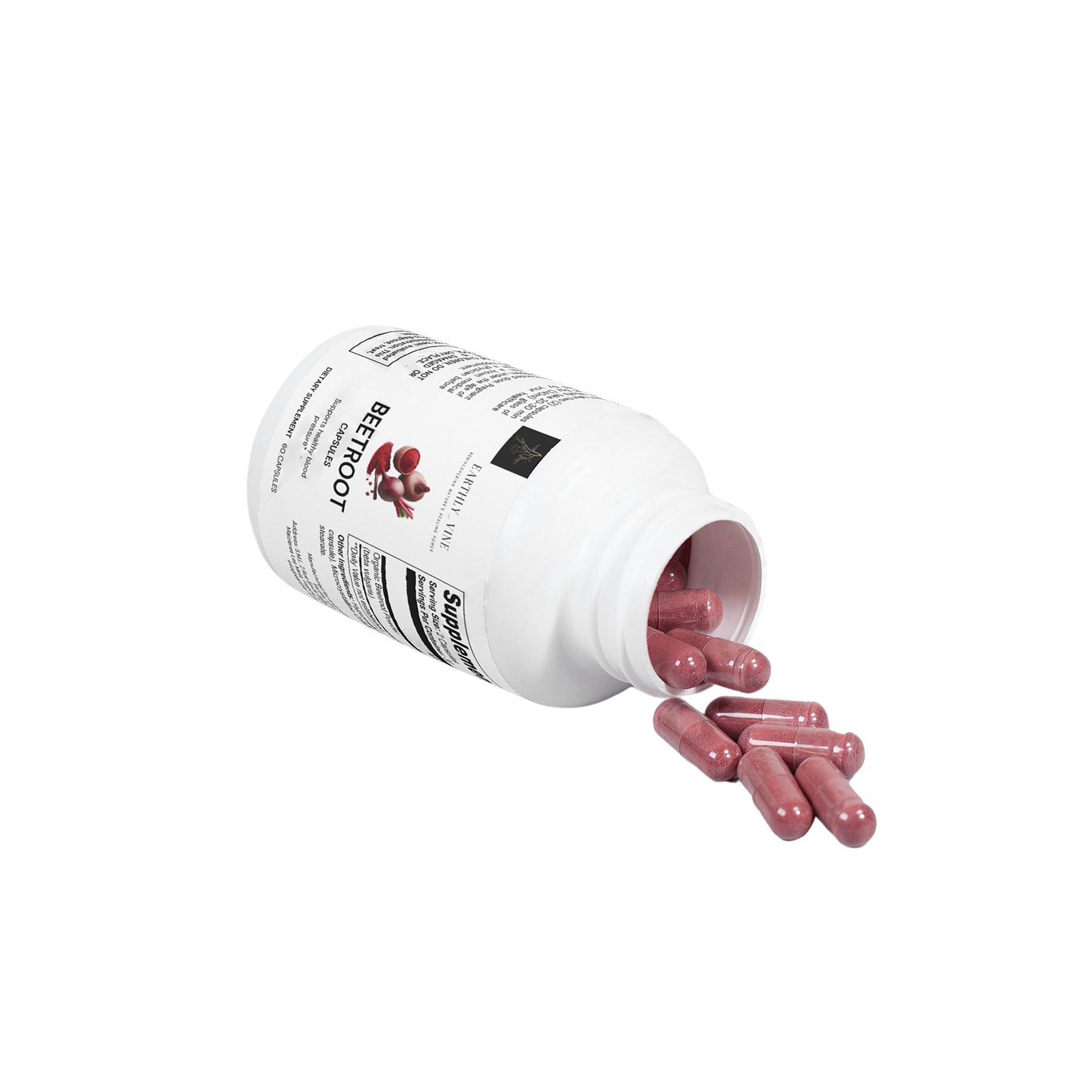 Open beetroot bottle with capsules spilling out