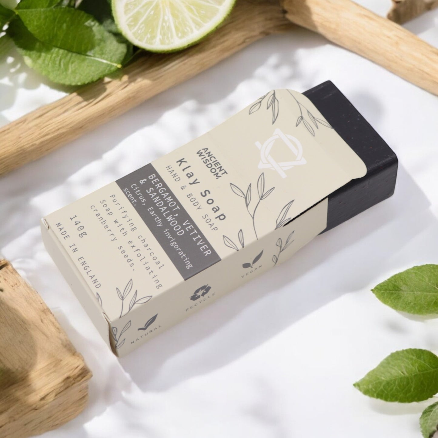Front view of Bergamot & Sandalwood soap bar in elegant packaging