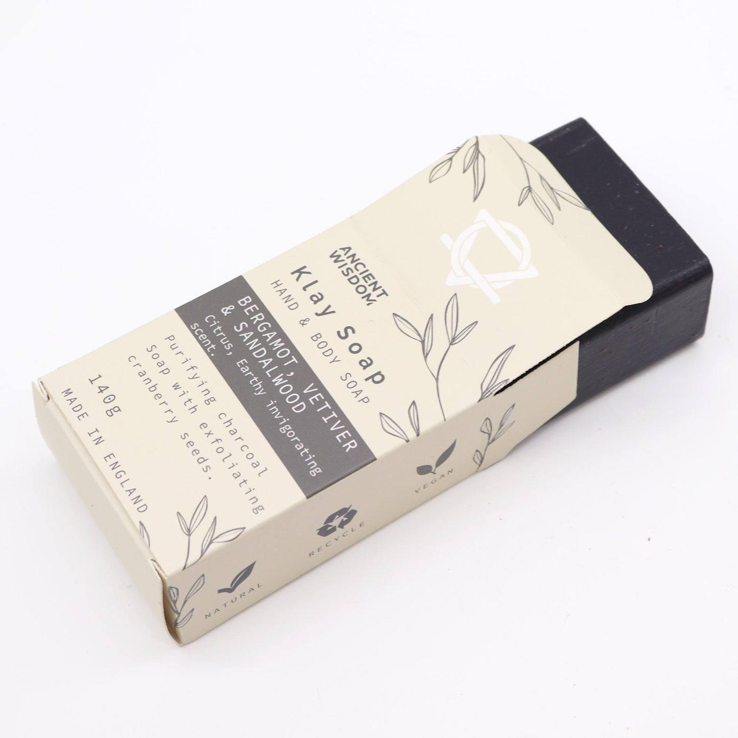 Plain view of Bergamot & Sandalwood soap bar in elegant packaging