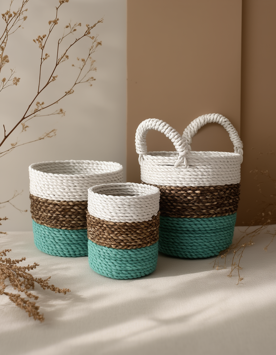 Seagrass Basket Set - Green / Natural / White