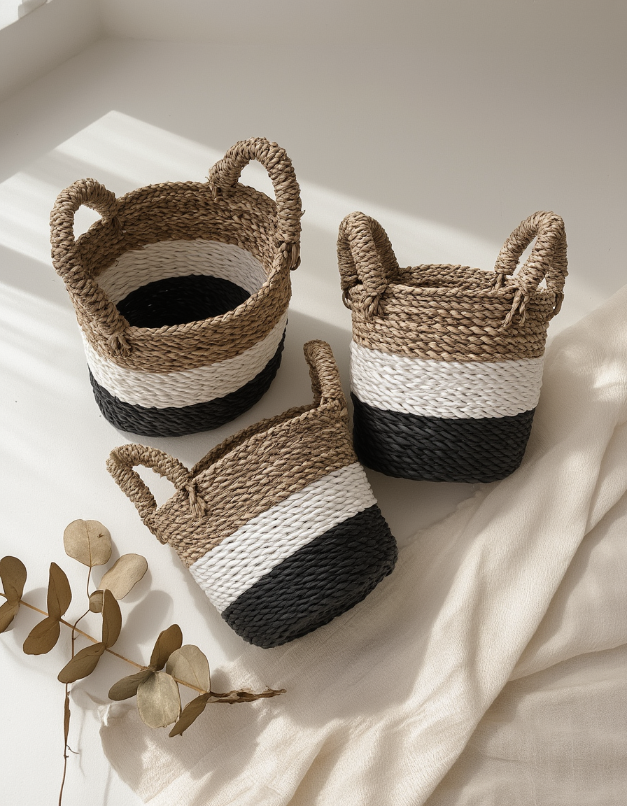 Seagrass Basket Set - Dark Grey / White / Natural