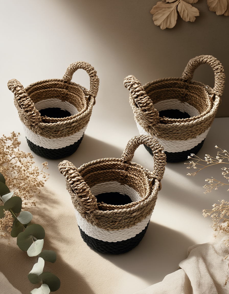 Seagrass Basket Set - Dark Grey / White / Natural