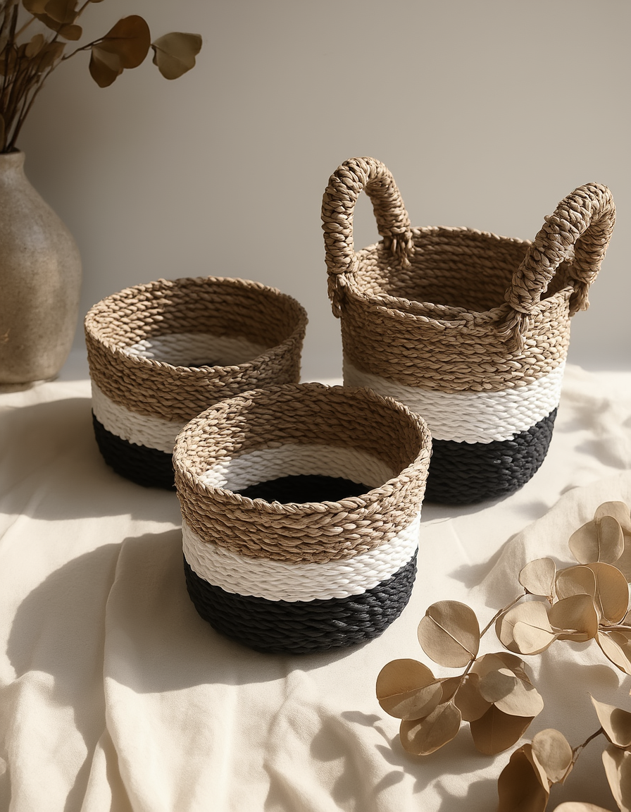 Seagrass Basket Set - Dark Grey / White / Natural