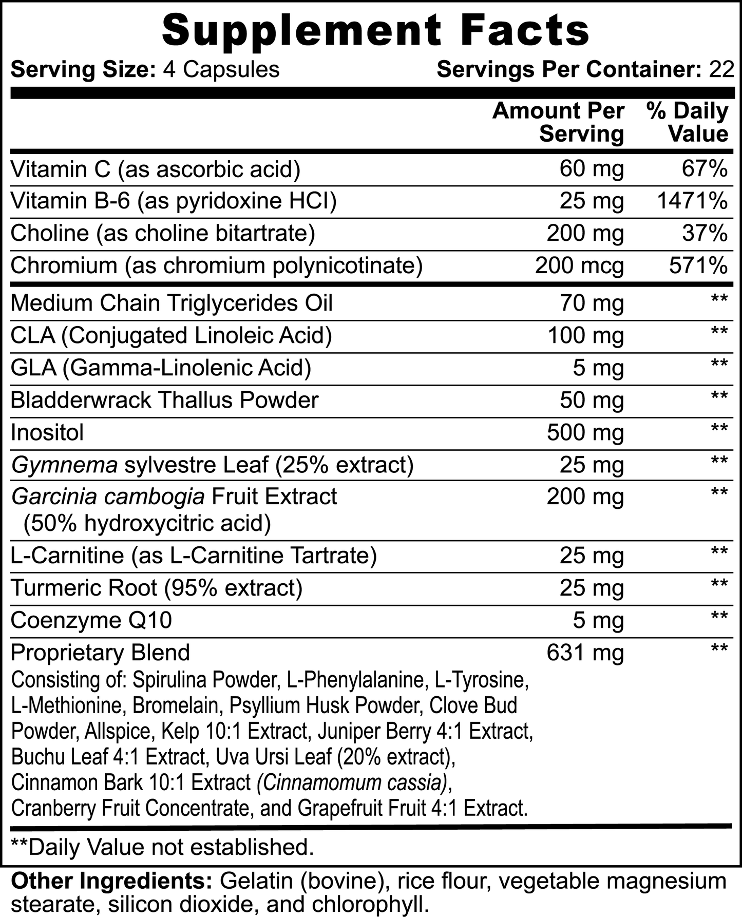 Supplement facts panel showing full ingredient list
