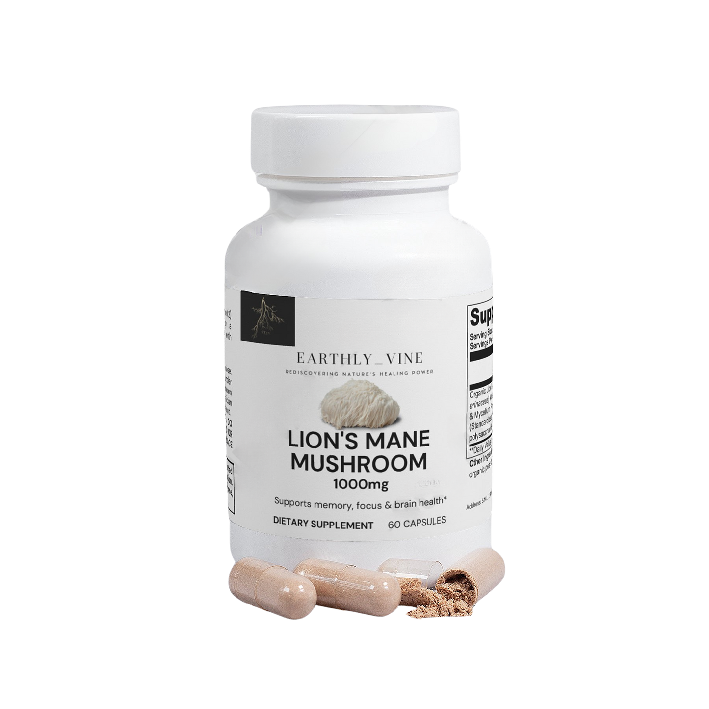 Lion’s Mane mushroom supplement bottle with capsules