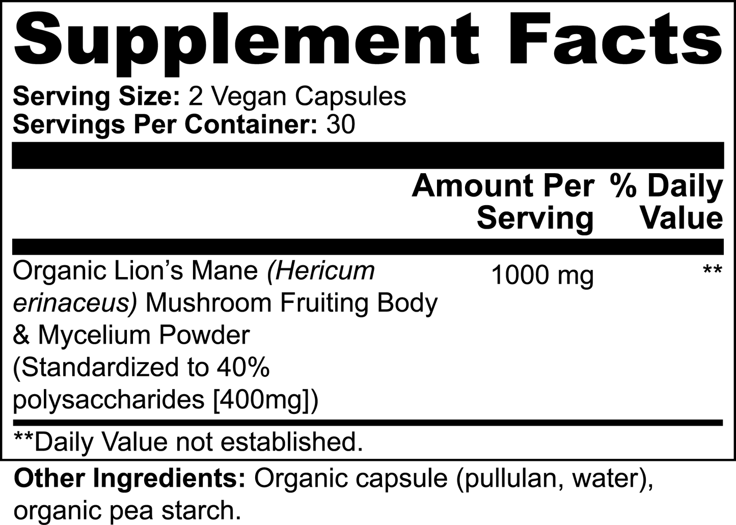 Supplement facts panel showing Lion’s Mane as primary ingredient