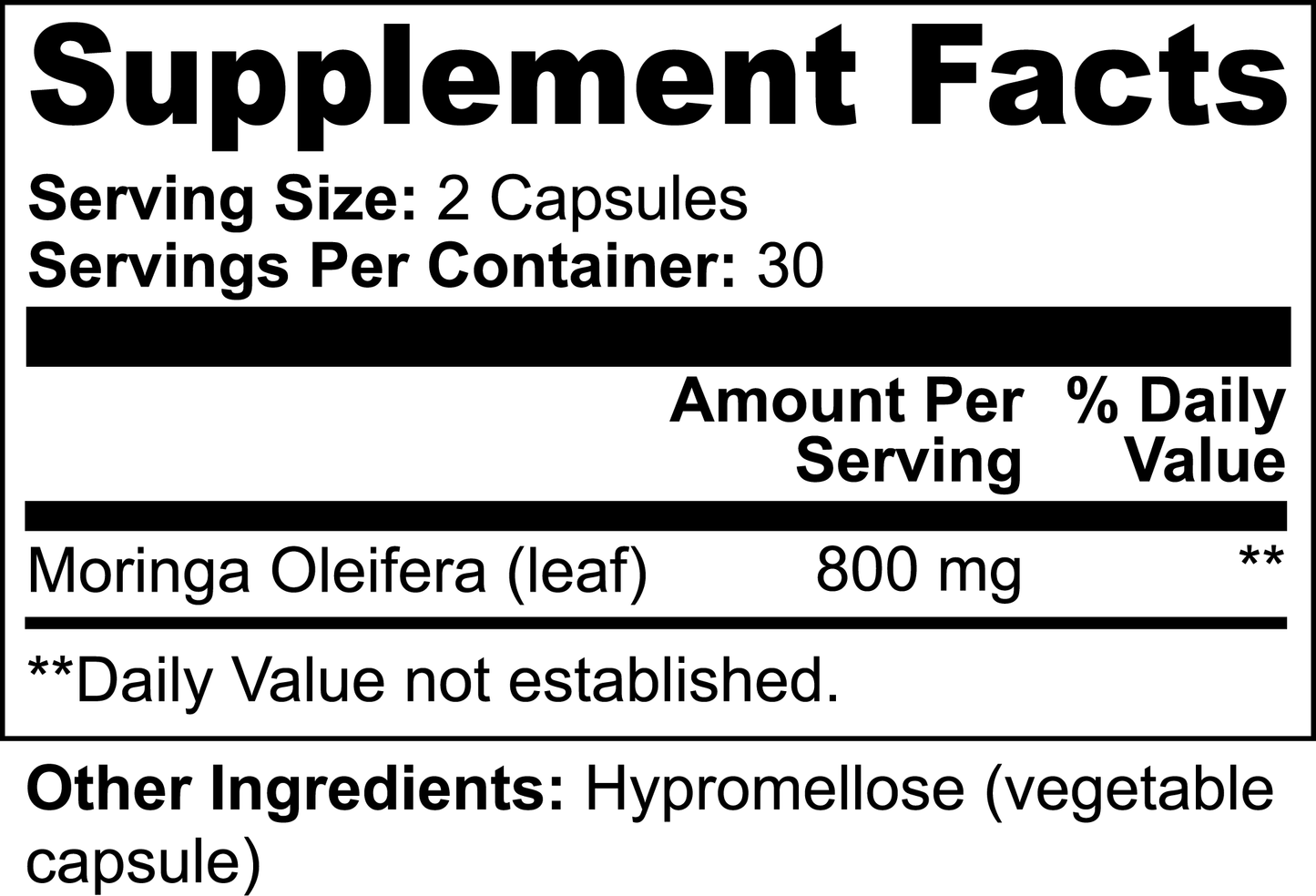 Supplement facts label of Moringa Pure showing 100% Moringa leaf
