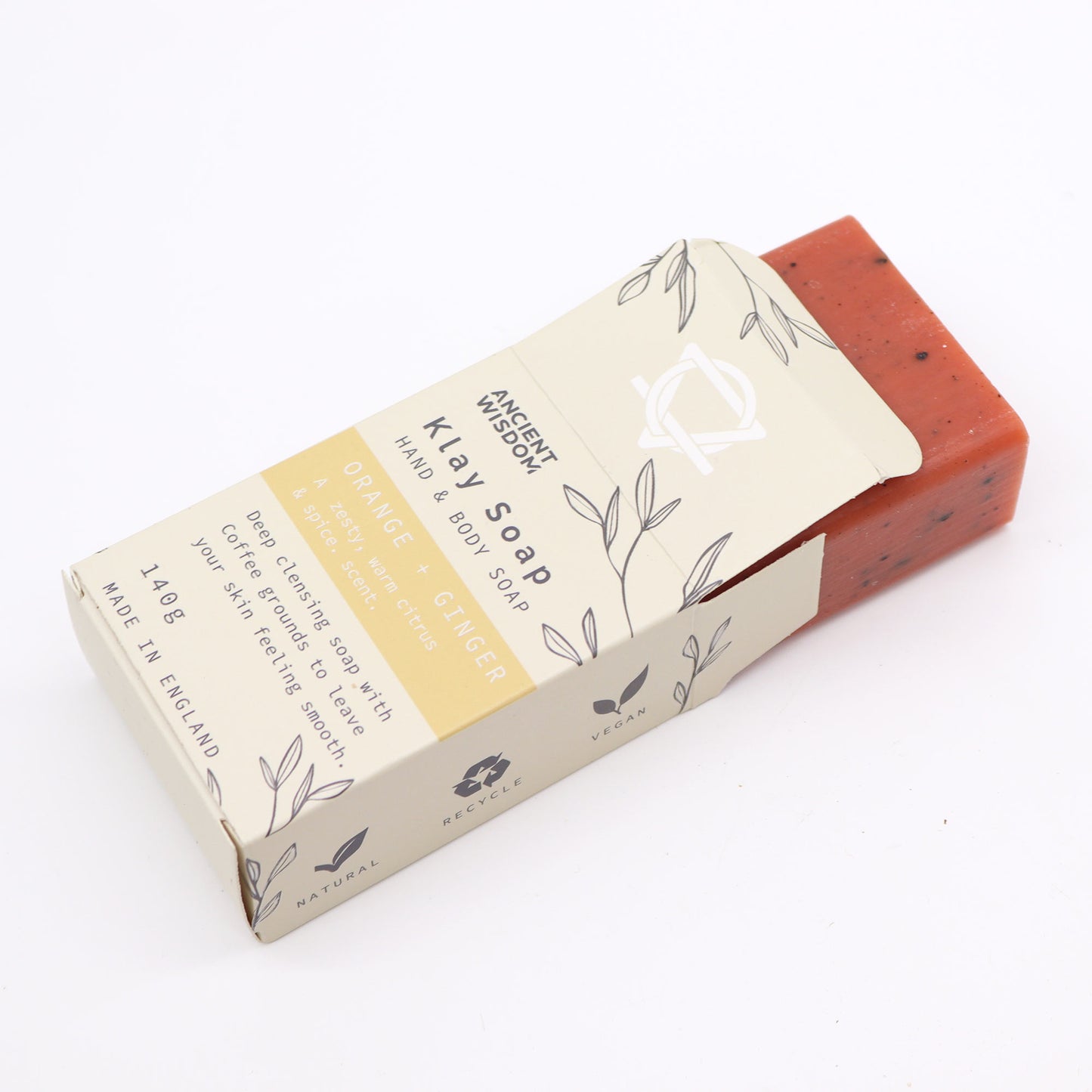 Plain view of Orange and Ginger soap bar in elegant packaging