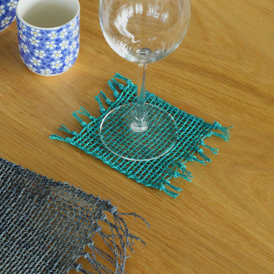 Seagrass Fringe Coaster Set of 4 - Turquoise