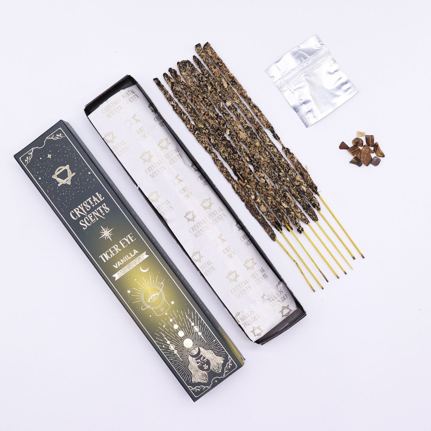 Tiger Eye Crystal Scents Smudge Incense - Vanilla with incense sticks and crystal chipstones