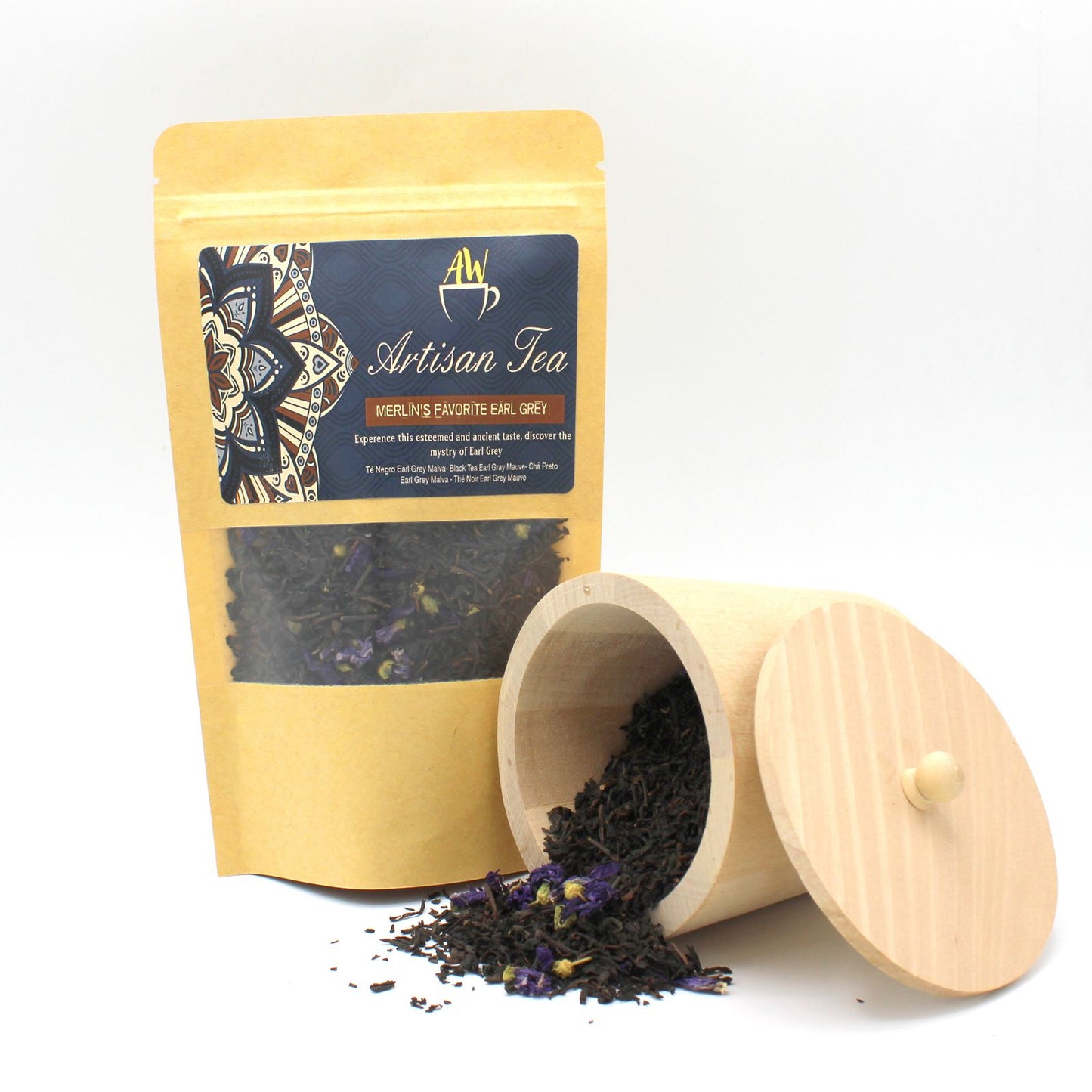 Artisan Tea package with an open wooden container on a white background