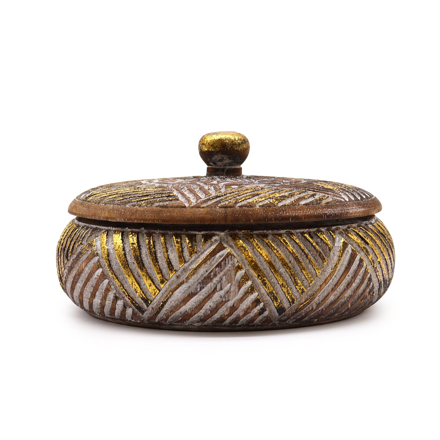 Front view of Gold & Natural Sweet Jar with closed lid