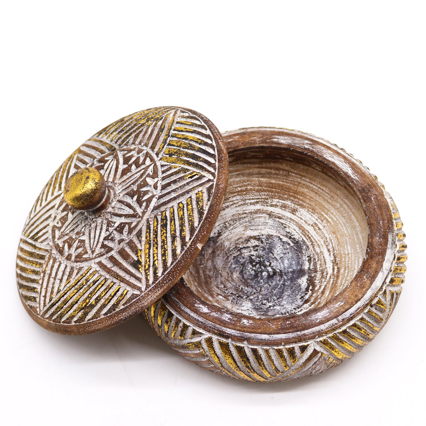 Overhead shot showing open lid texture and engraved pattern