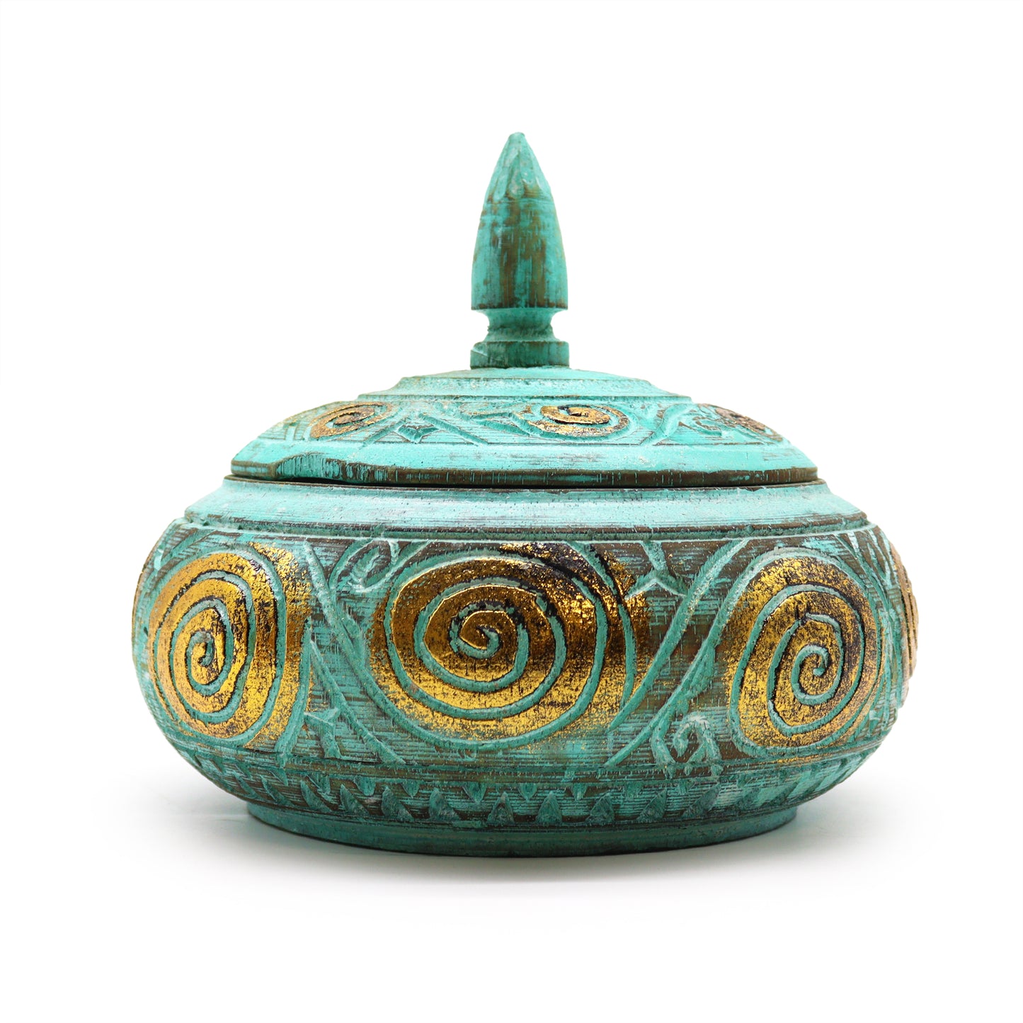 Front view of the Turquoise Squat Sweet Jar with carved lid