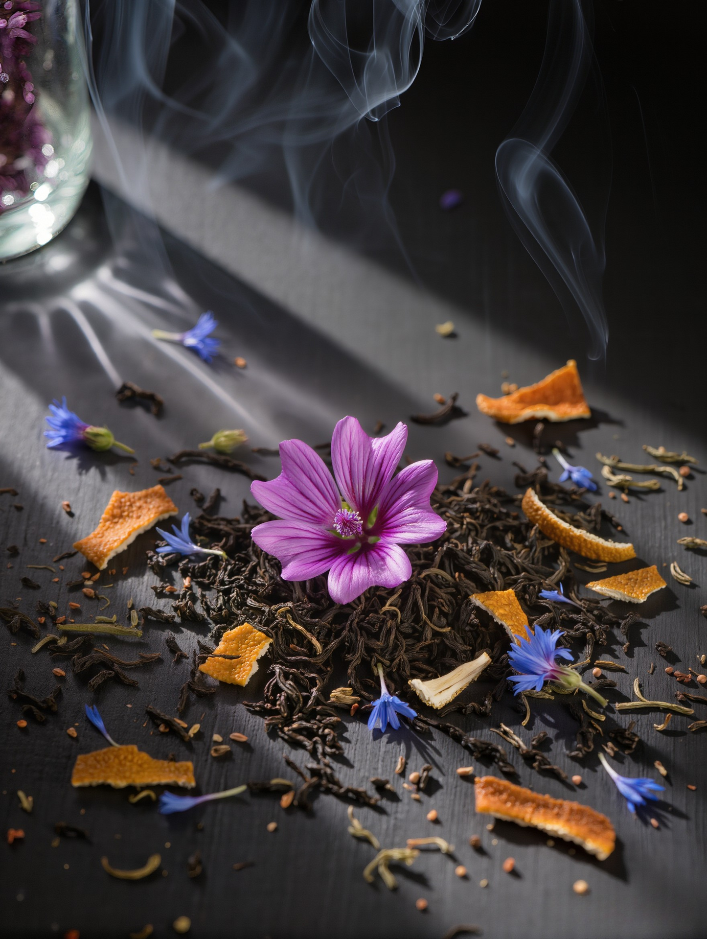 Tea leaves, flowers, and orange peels on a dark surface with smoke.