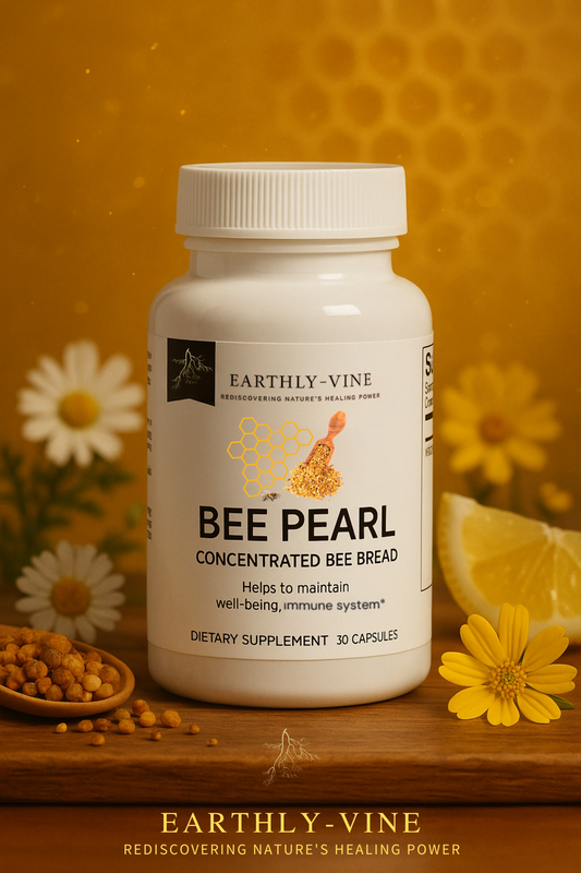 Bee Pearl Bottle with soft natural light and wildflowers