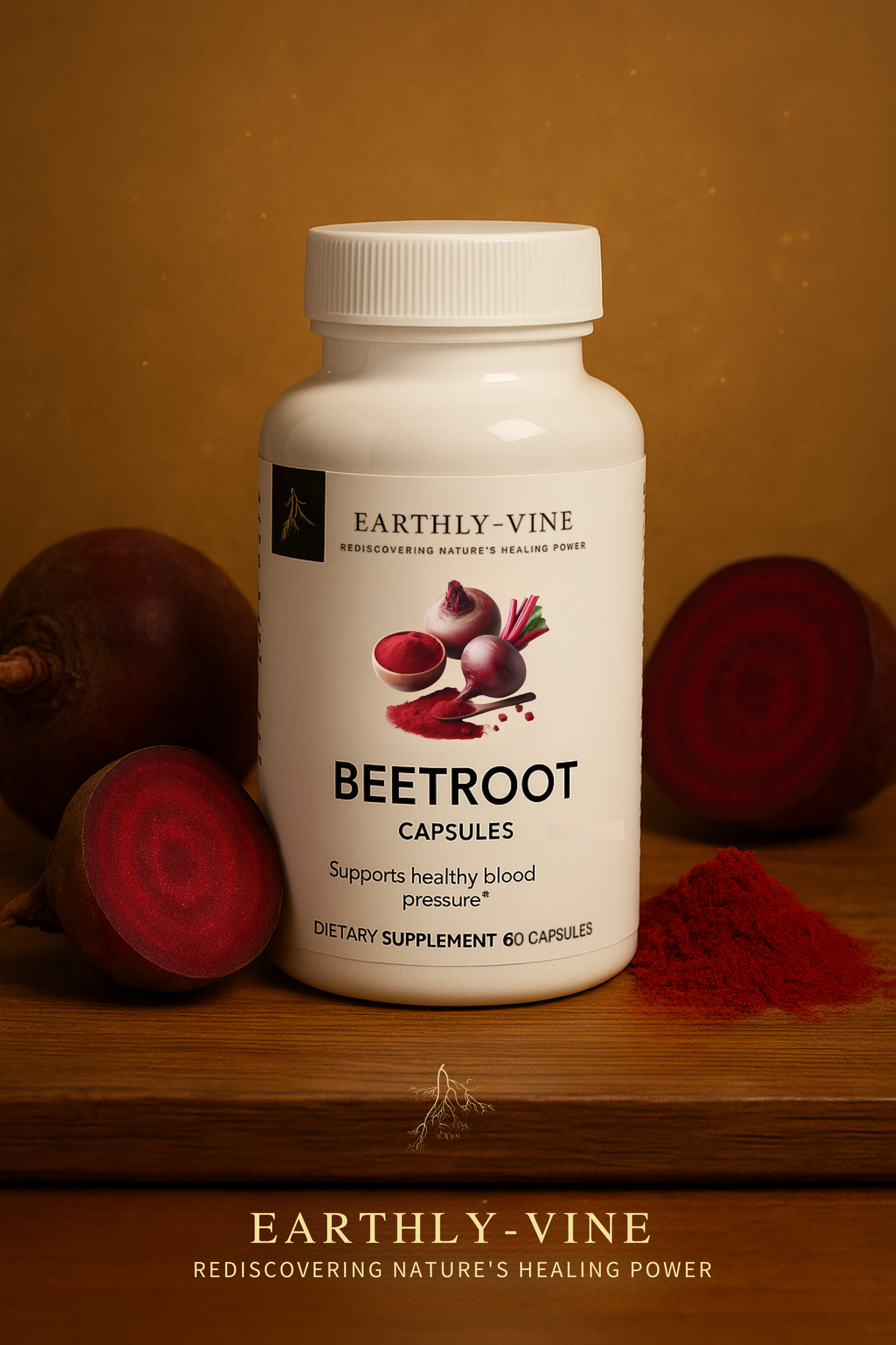 Beetroot capsules bottle with fresh beets and natural light