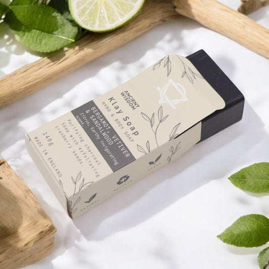 Front view of Bergamot & Sandalwood soap bar in elegant packaging