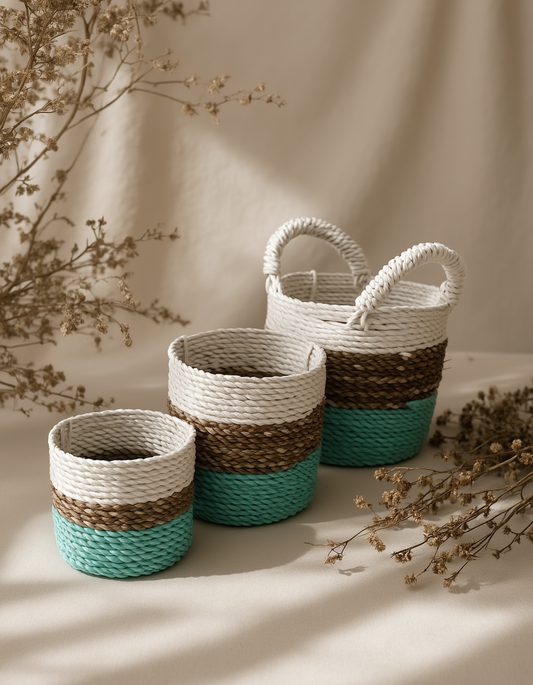 Seagrass Basket Set - Green / Natural / White