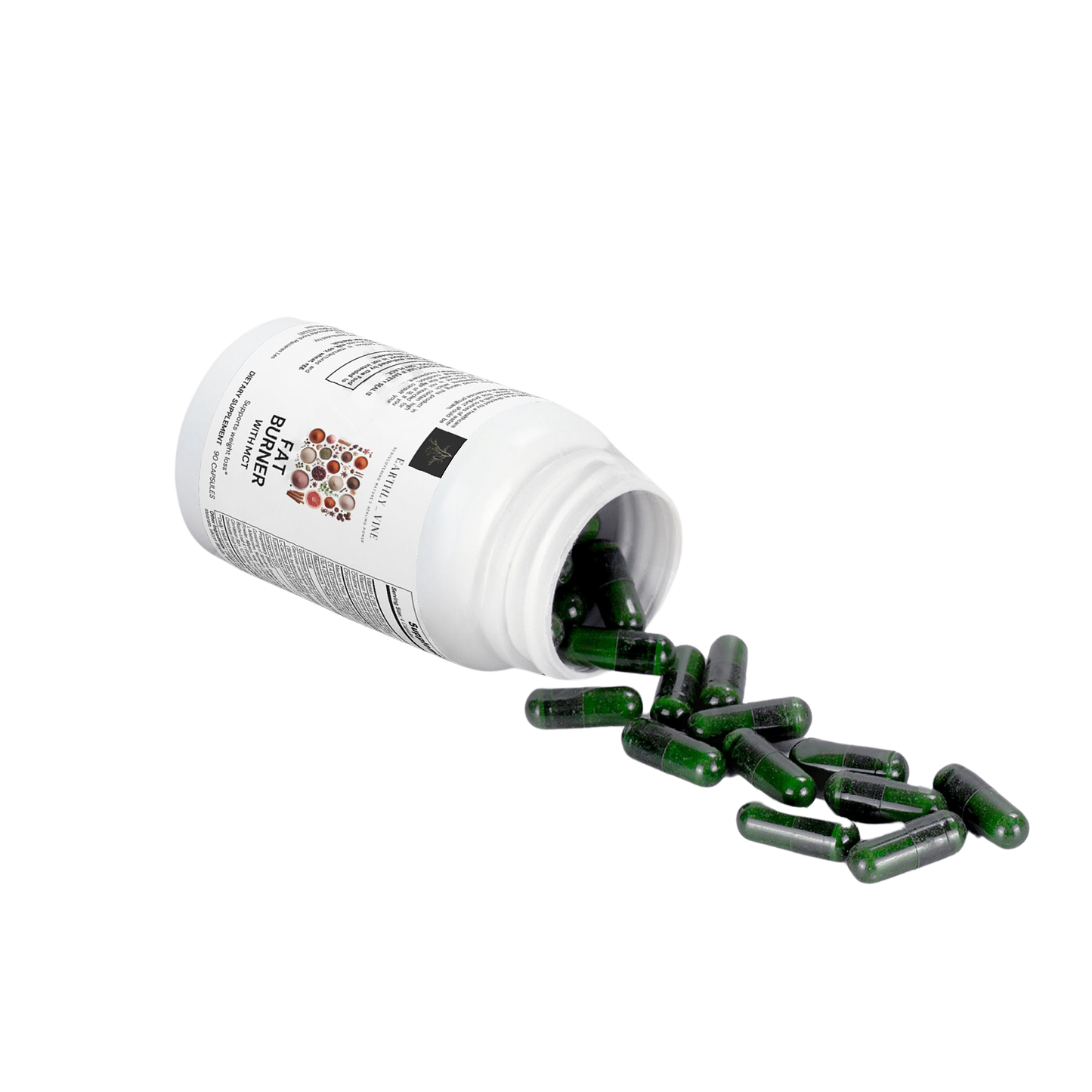 Flat lay of fat burner with MCT bottle, capsules spilling out