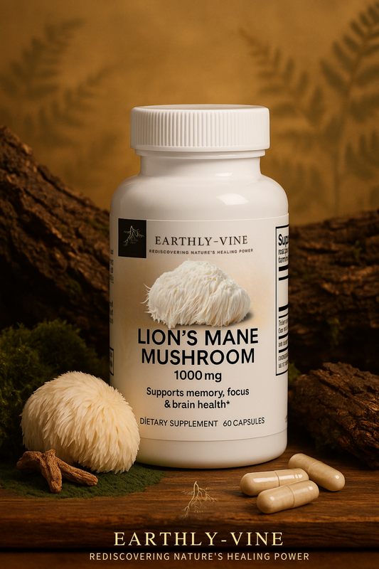 Lion’s Mane mushroom supplement bottle with soft natural backdrop
