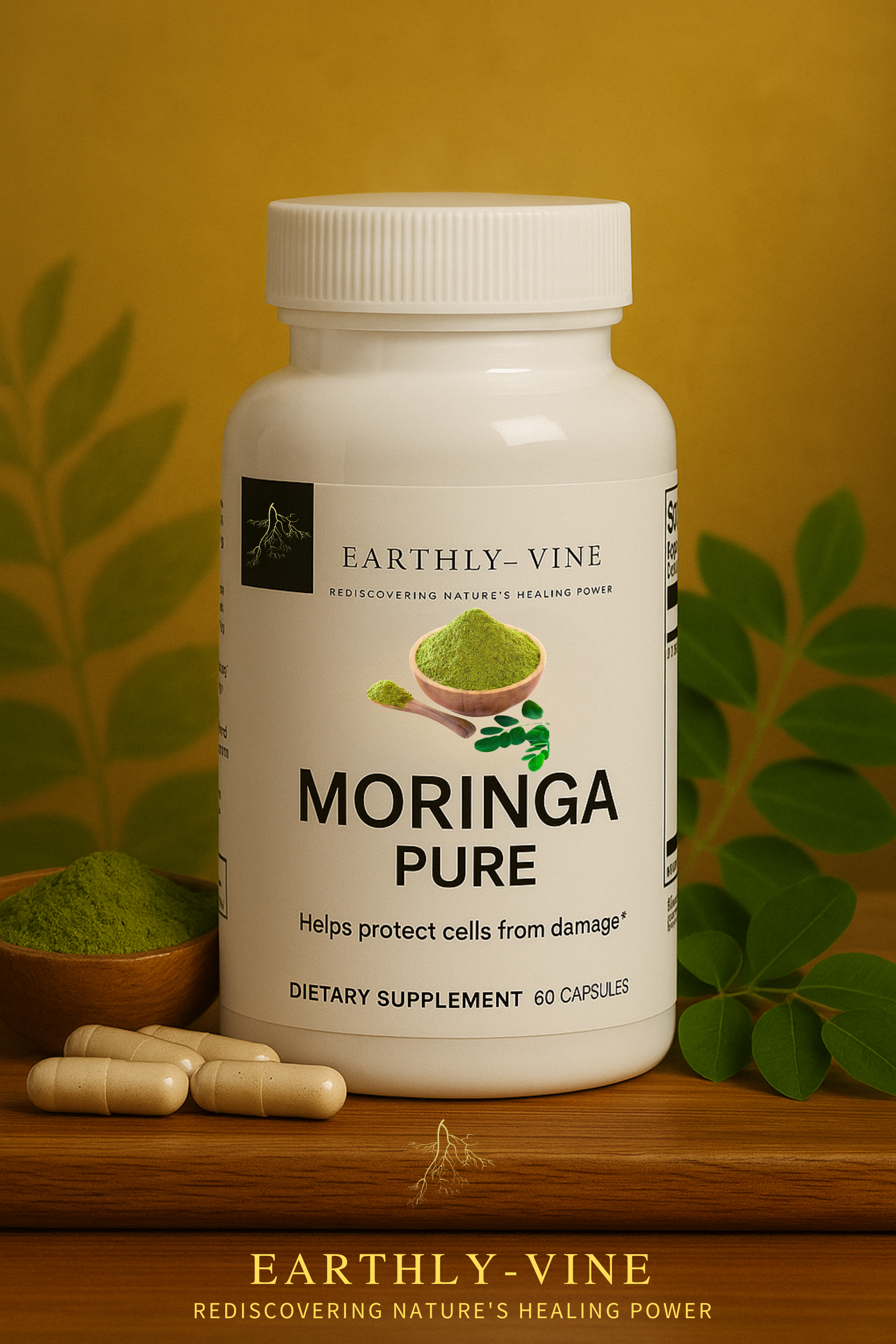 Moringa Pure supplement bottle with green superfood theme