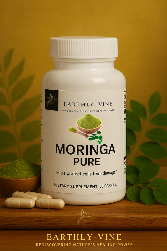 Moringa Pure supplement bottle with green superfood theme