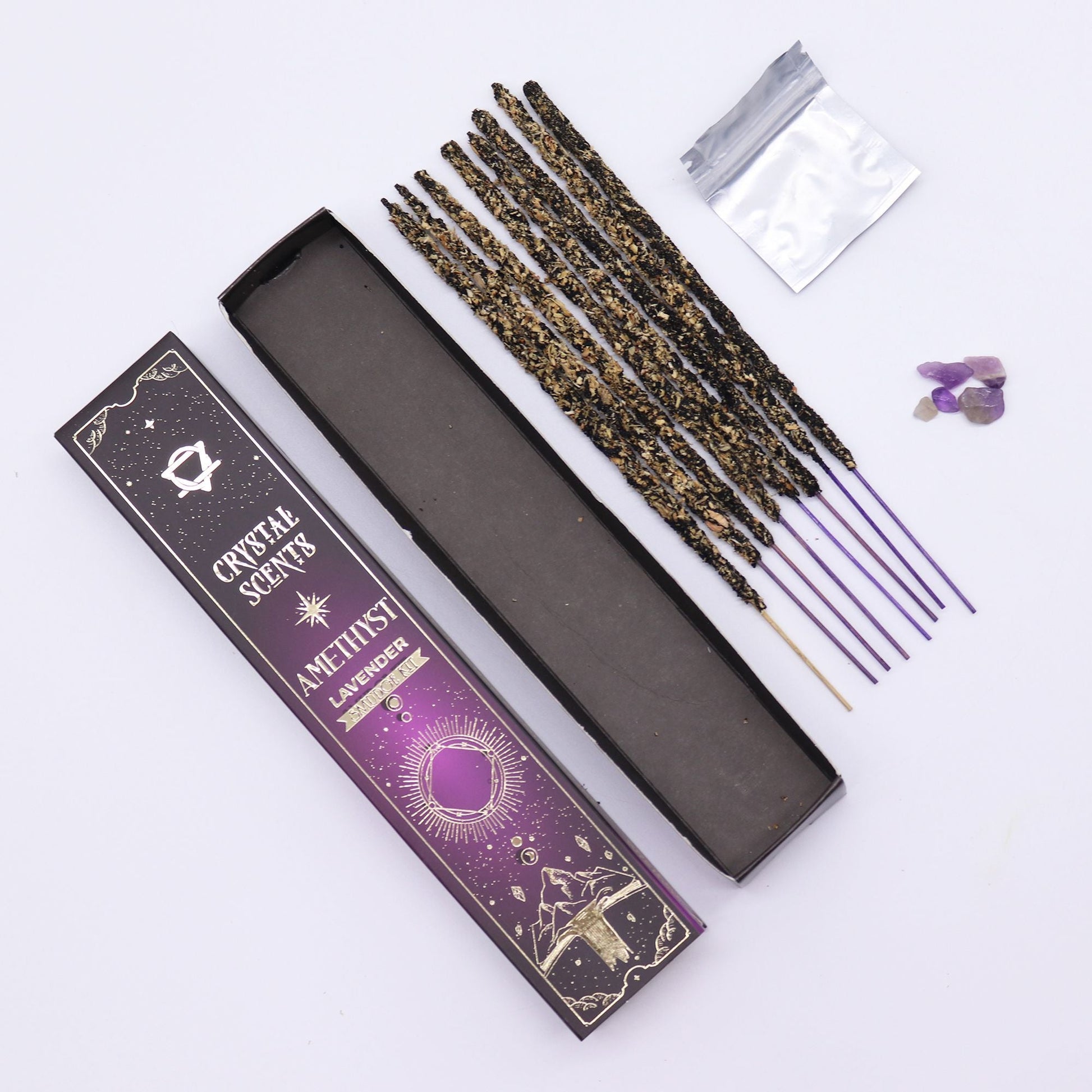 Amethyst Crystal Scents Smudge Incense - Lavender with incense sticks and crystal chipstones