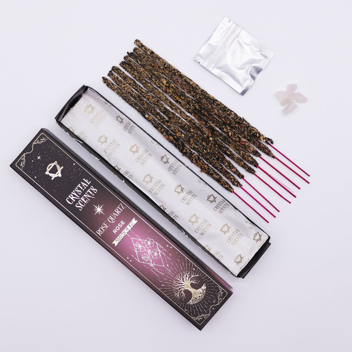 Rose Quartz Crystal Scents Smudge Incense - Rose with incense sticks and crystal chipstones