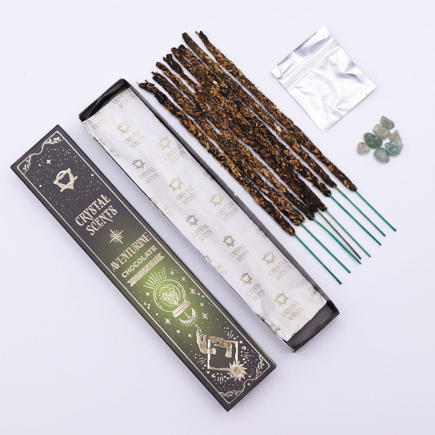Aventurine Crystal Scents Smudge Incense - Chocolate with incense sticks and crystal chipstones