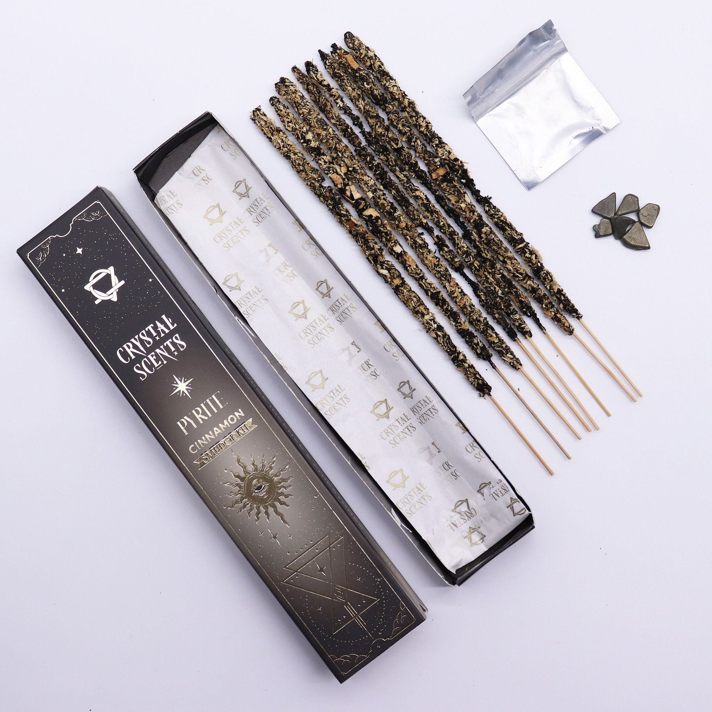 Pyrite Crystal Scents Smudge Incense - Cinnamon with incense sticks and crystal chipstones