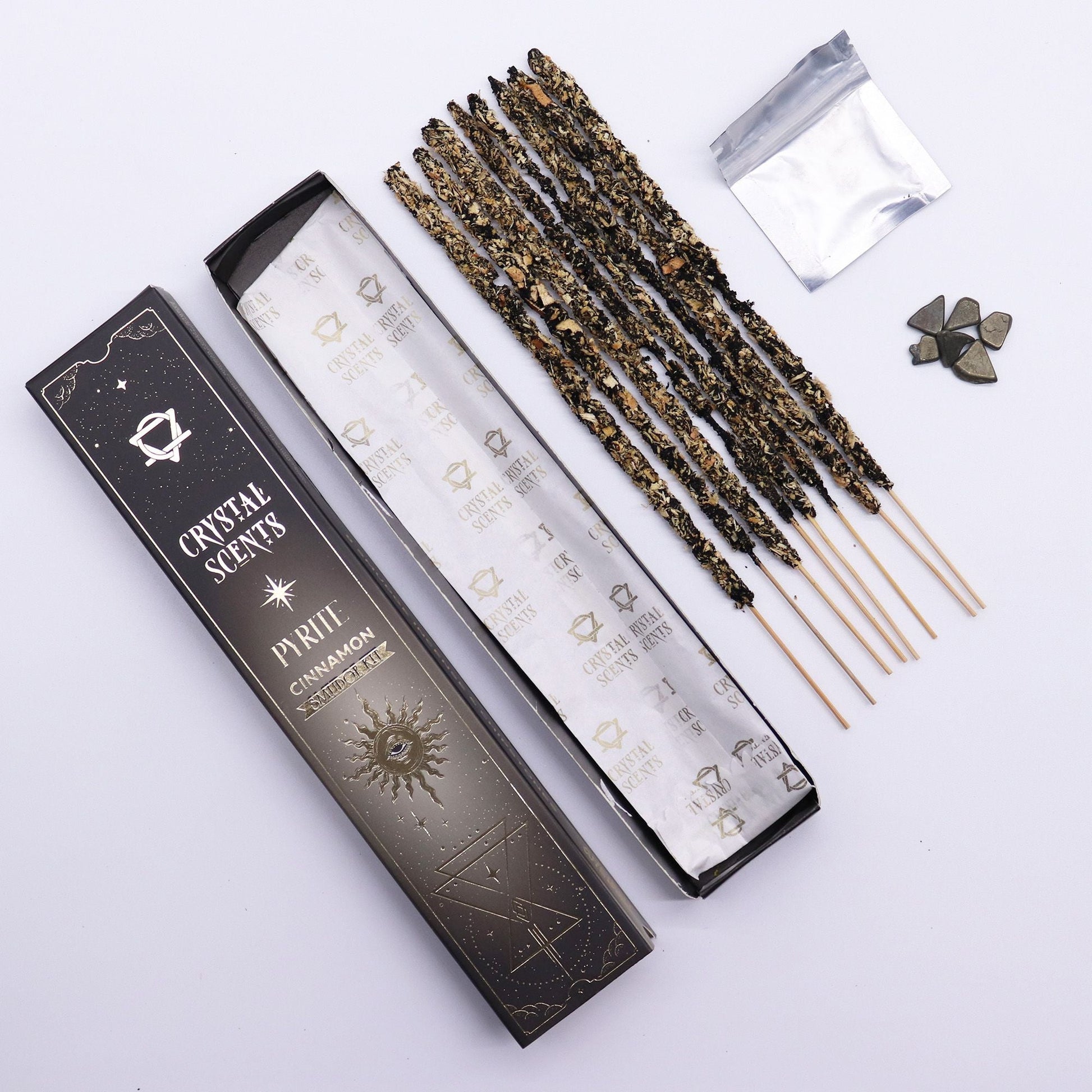 Pyrite Crystal Scents Smudge Incense - Cinnamon with incense sticks and crystal chipstones