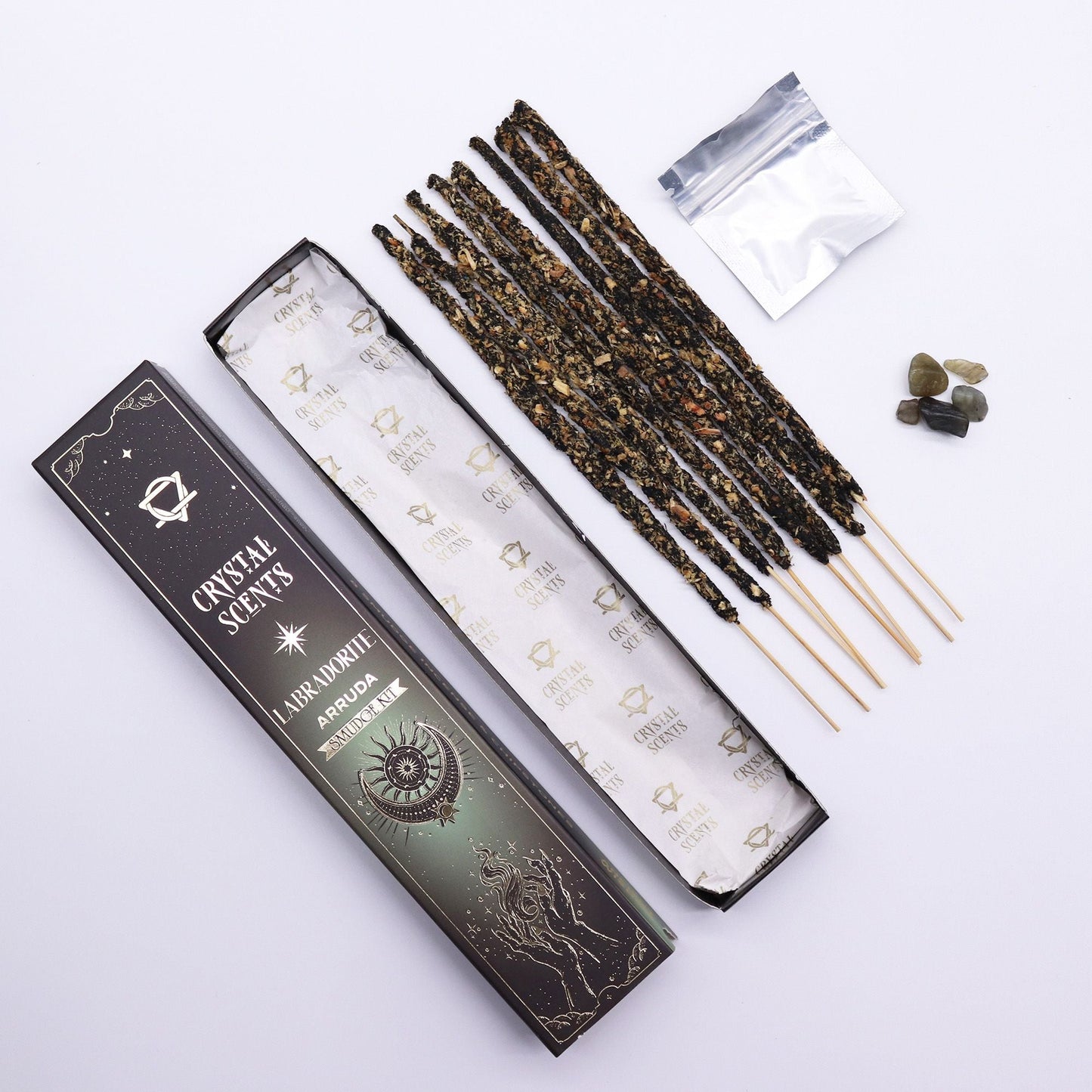 Labradorite Crystal Scents Smudge Incense - Arruda with incense sticks and crystal chipstones