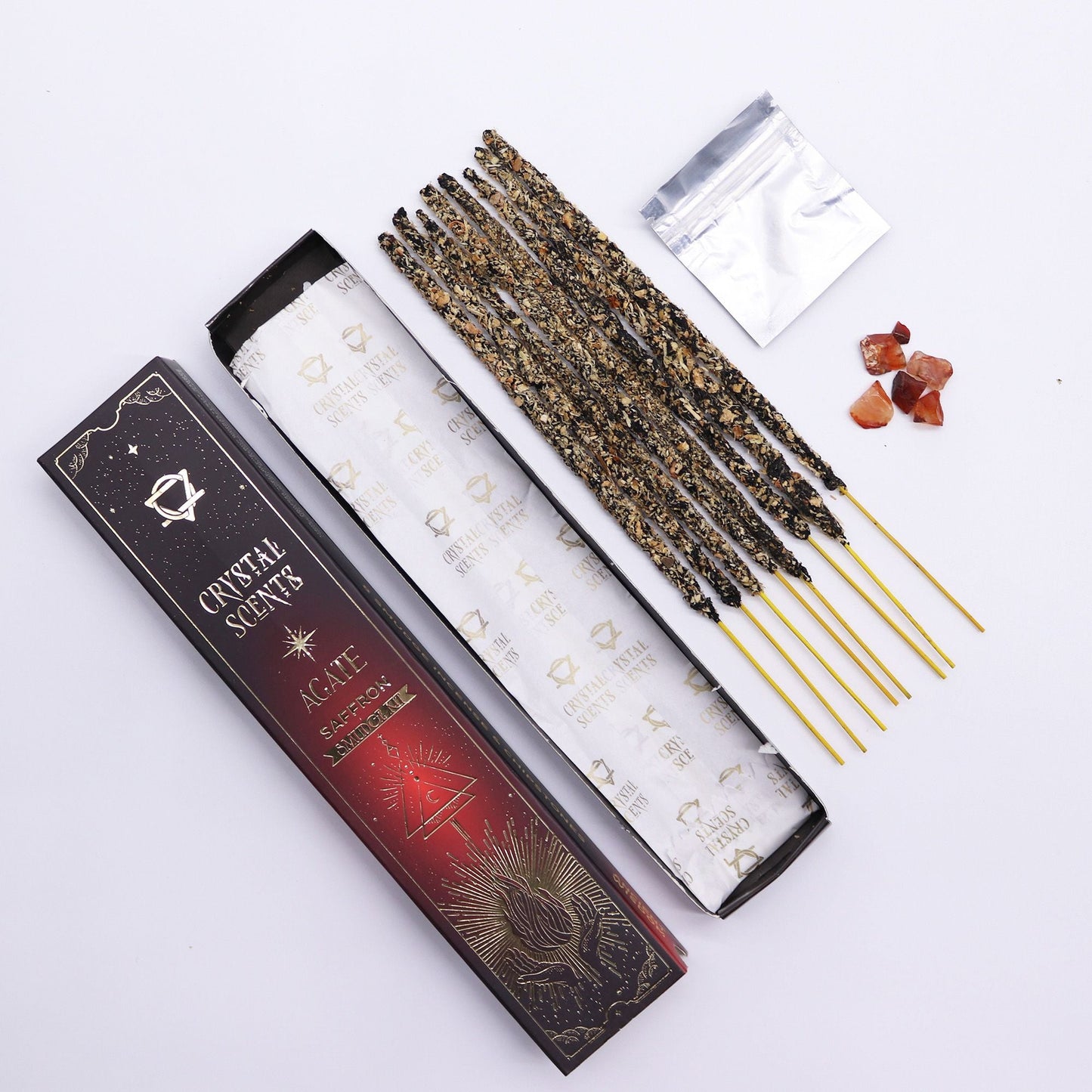 Red Agate Crystal Scents Smudge Incense - Saffron with incense sticks and crystal chipstones