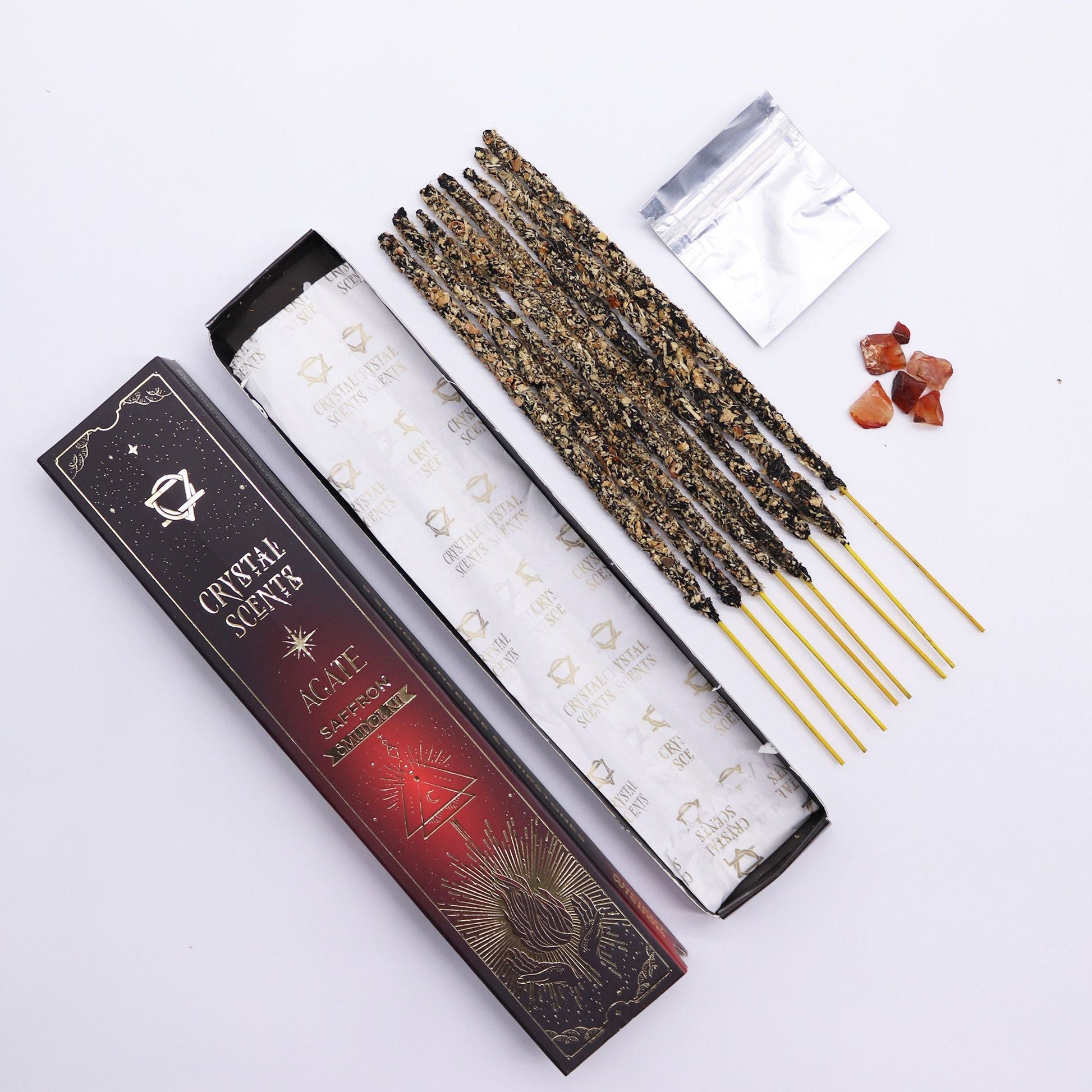 Red Agate Crystal Scents Smudge Incense - Saffron with incense sticks and crystal chipstones