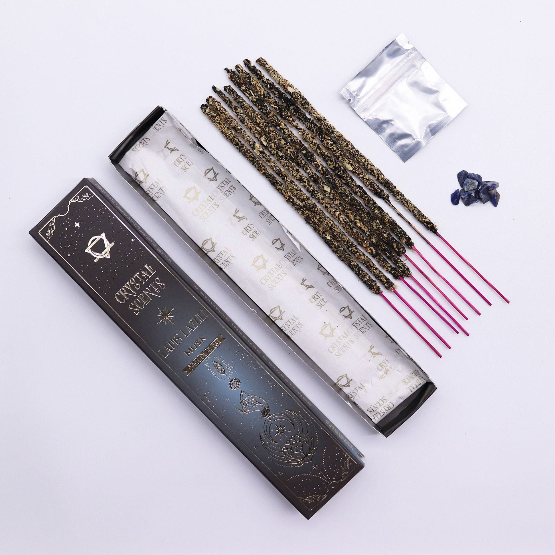 Lapis Crystal Scents Smudge Incense - Musk with incense sticks and crystal chipstones