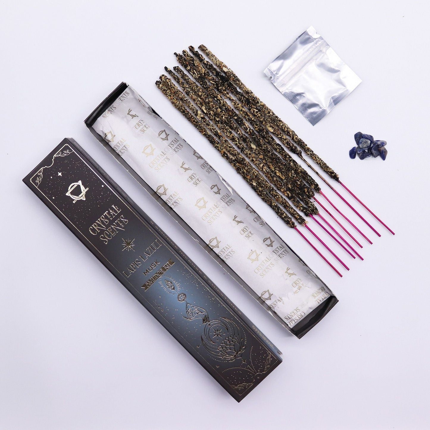 Lapis Crystal Scents Smudge Incense - Musk with incense sticks and crystal chipstones