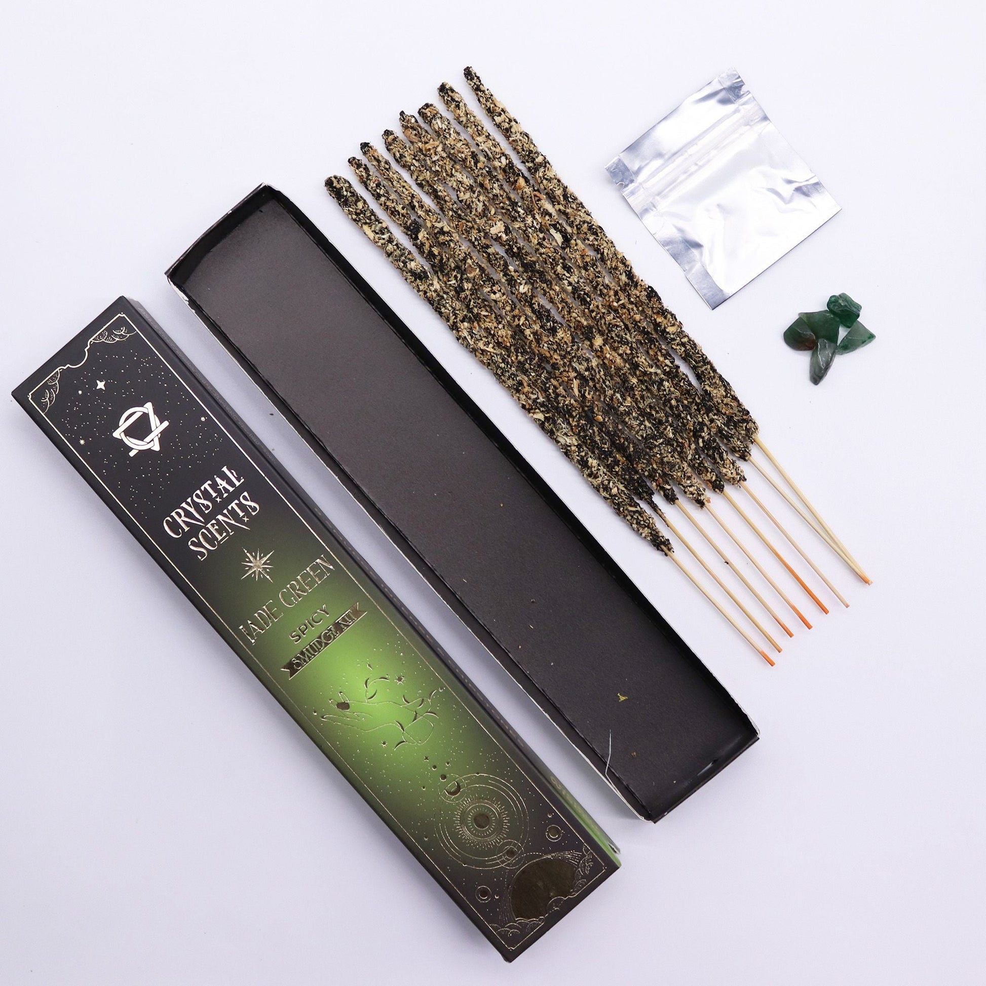 Jade Crystal Scents Smudge Incense - Spicy with incense sticks and crystal chipstones