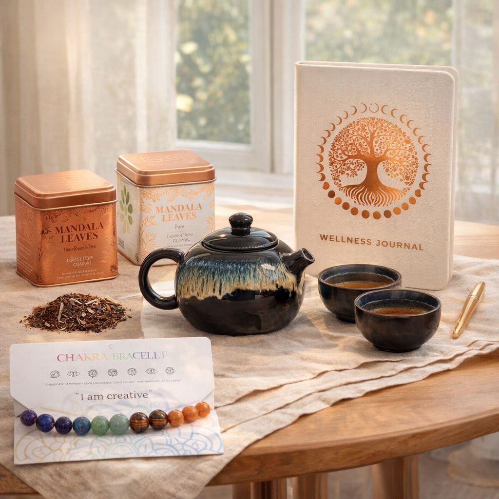 Mindful Morning Tea Ritual Black Glaze with teapot, two cups, two teas, journal and bracelet