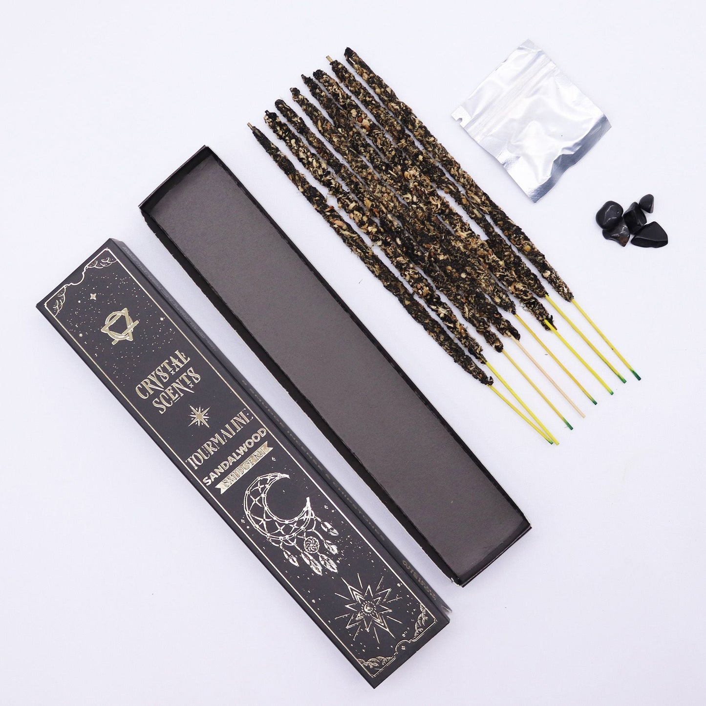 Tourmaline Crystal Scents Smudge Incense - Sandalwood with incense sticks and crystal chipstones