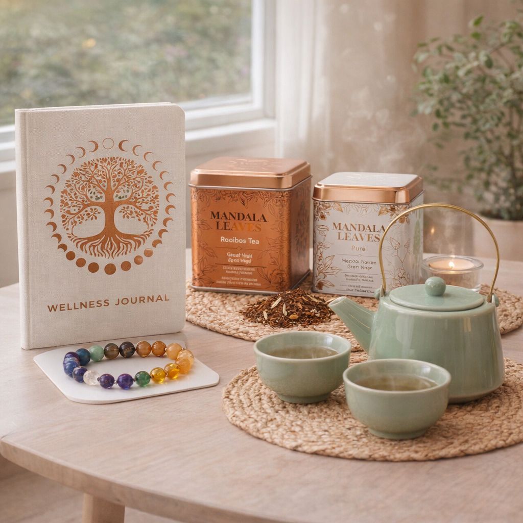 Mindful Morning Tea Ritual Herbal Jade with teapot, two cups, two teas, journal and bracelet
