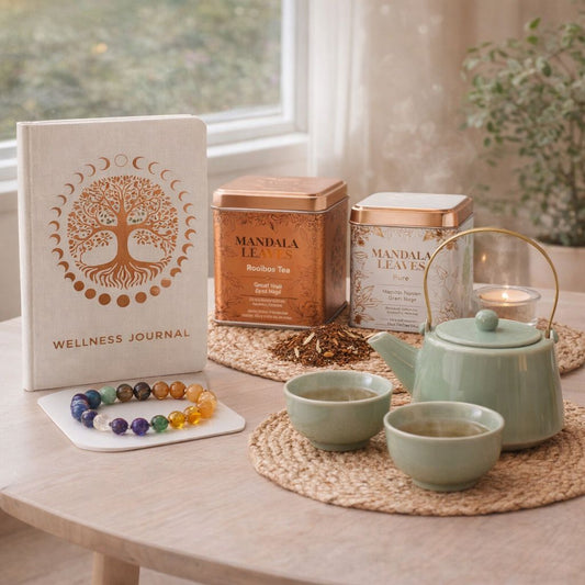 Mindful Morning Tea Ritual Herbal Jade with teapot, two cups, two teas, journal and bracelet